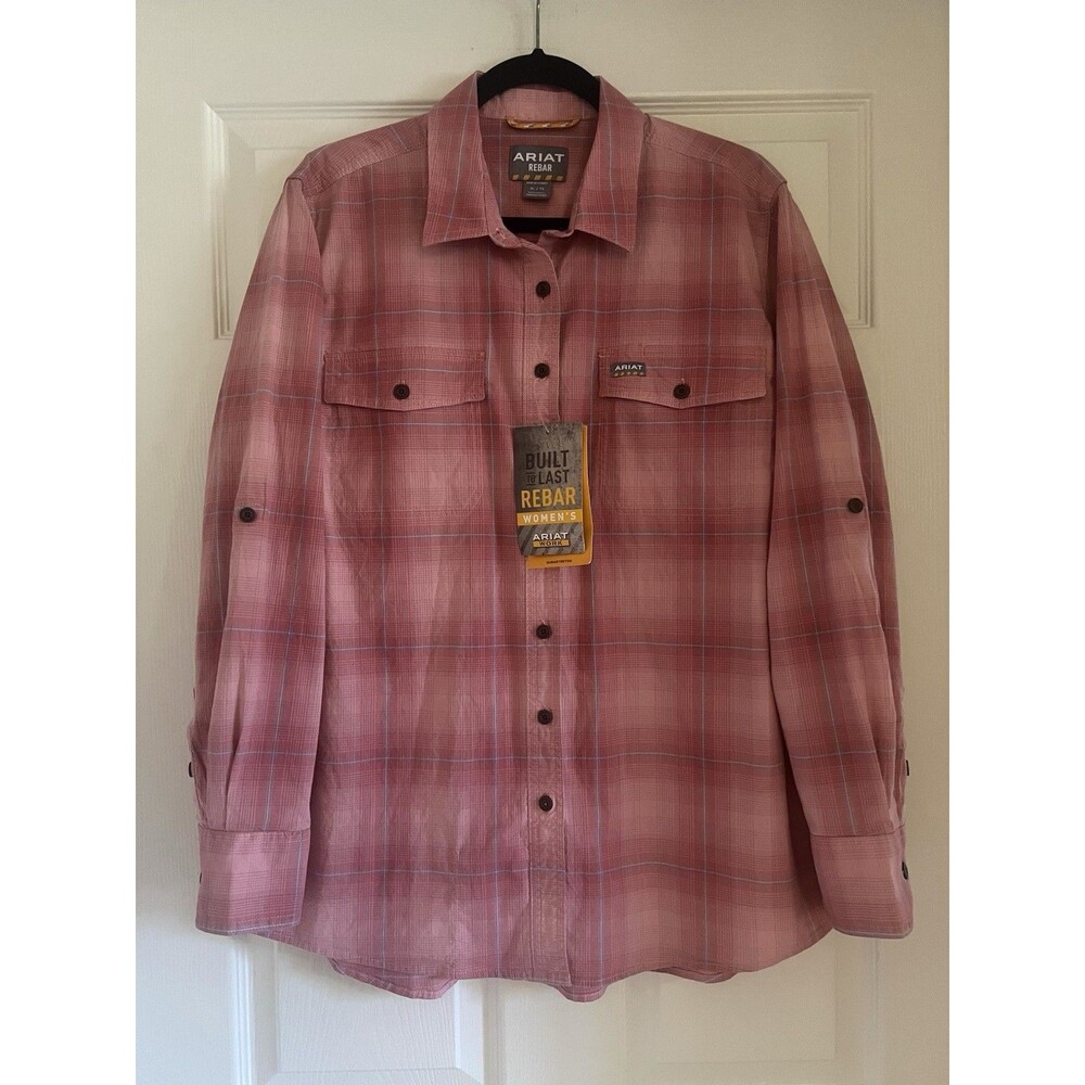 Ariat Rebar Durastretch Shirt Women XL Pink Plaid Workwear Button Down Top NWT